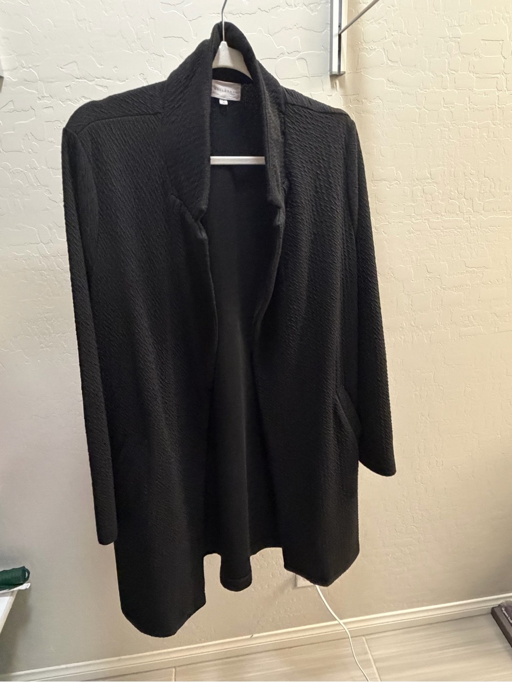 MELLODAY Open-Front Black Textured Collared Long Cardigan